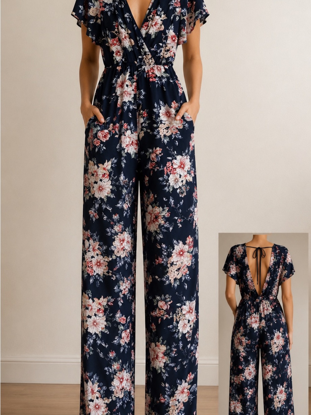 Xhilaration Women's XS Blue Floral‎ V-Neck Short Sleeve Wide-Leg Jumpsuit 0069